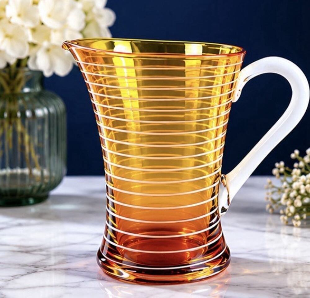 Italian Amber Art Glass Pitcher White Ribbon Handle Murano Style MCM 8.5"